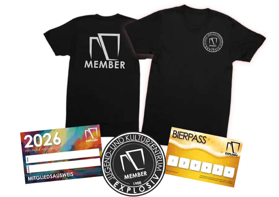 Membership Explosiv. Membership-Ausweis, Patch, Bierpass und T-Shirt