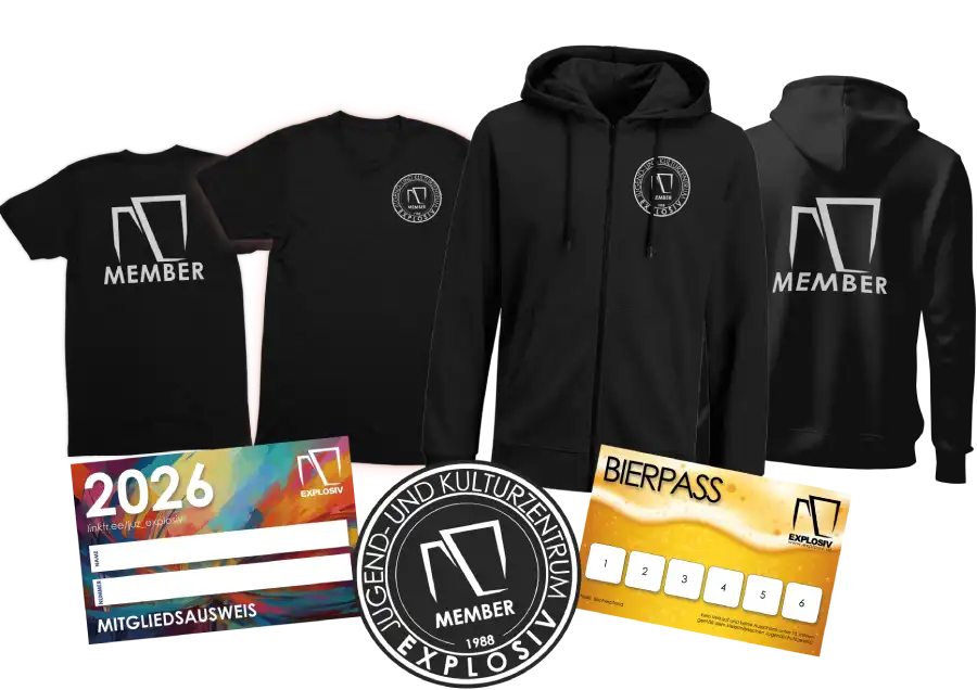Membership Explosiv. Membership-Ausweis, Patch, Bierpass, Hoodie und T-Shirt